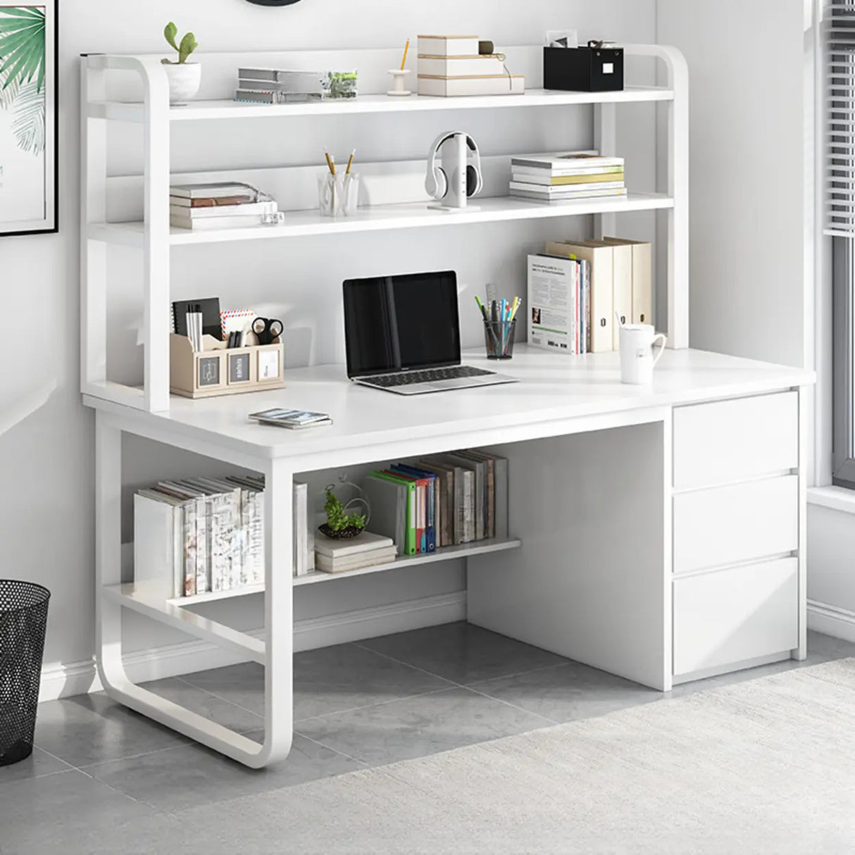 Writing Desk Rectangular Composite Wood Gray Storage 2-Person Image - 18