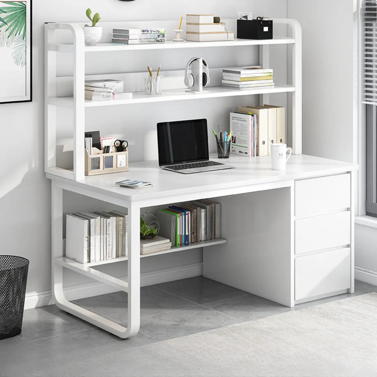 Writing Desk Rectangular Composite Wood Gray Storage 2-Person Image - 3