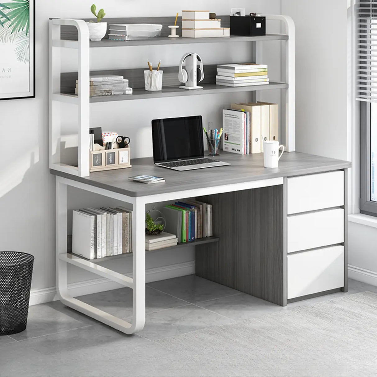 Writing Desk Rectangular Composite Wood Gray Storage 2-Person Image - 5