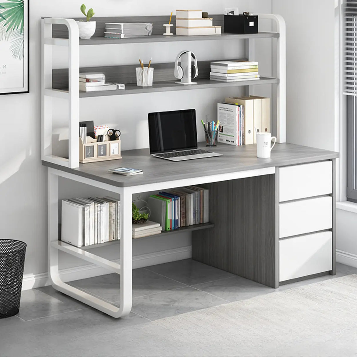 Writing Desk Rectangular Composite Wood Gray Storage 2-Person Image - 7