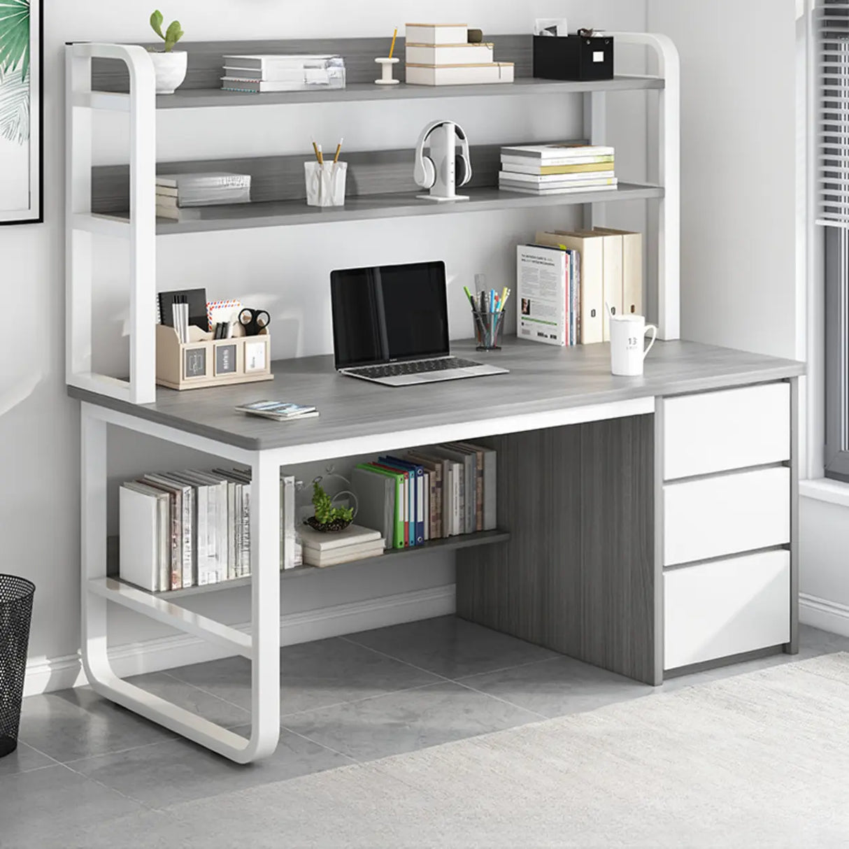 Writing Desk Rectangular Composite Wood Gray Storage 2-Person Image - 9