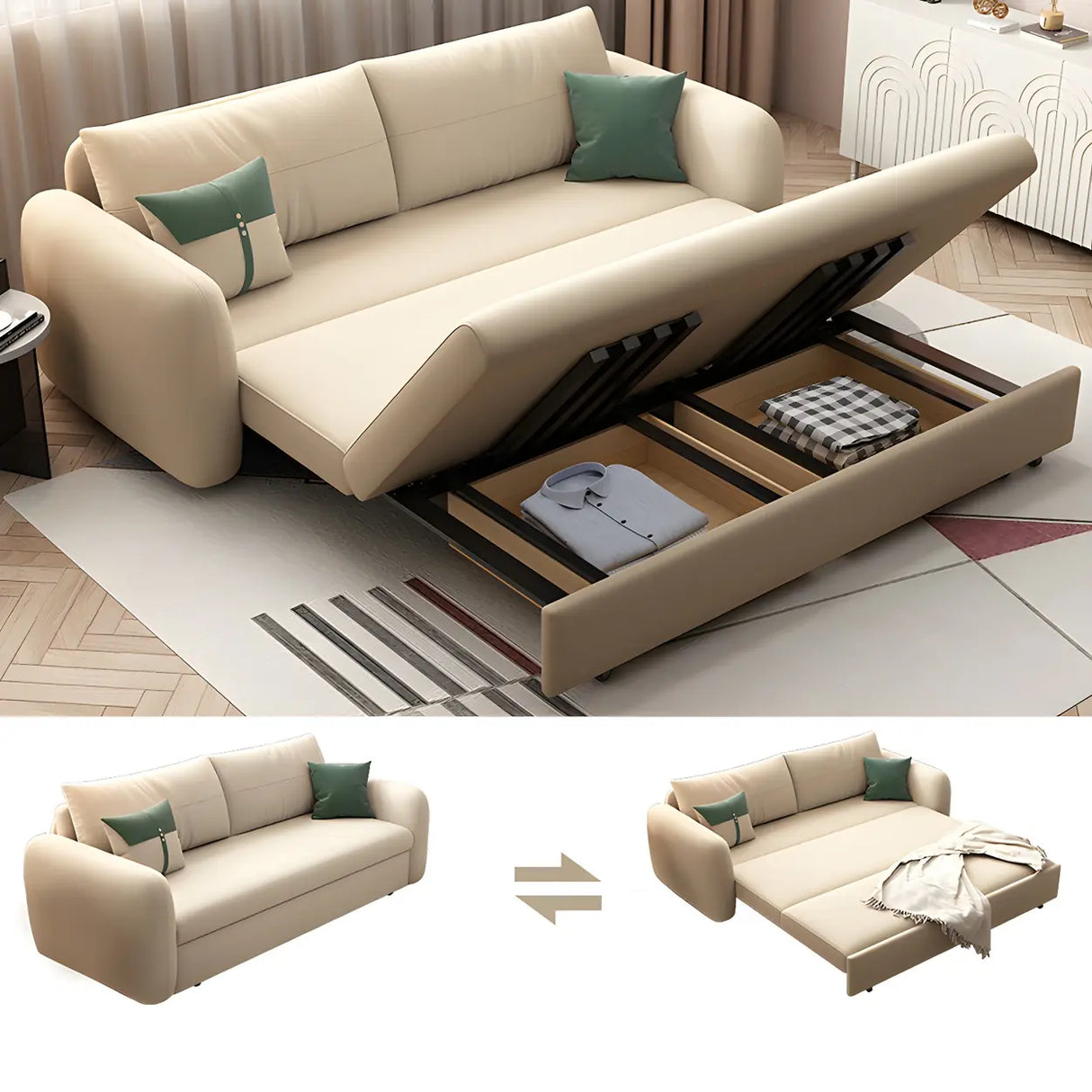 Yellow Cotton Blend Square Arm Pillow Back Sofa Bed Image - 6