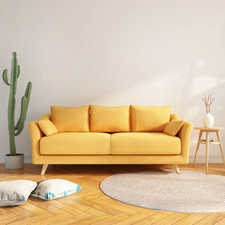 Yellow Cotton Linen Pillow Back Sofa with Slipcover Image - 2
