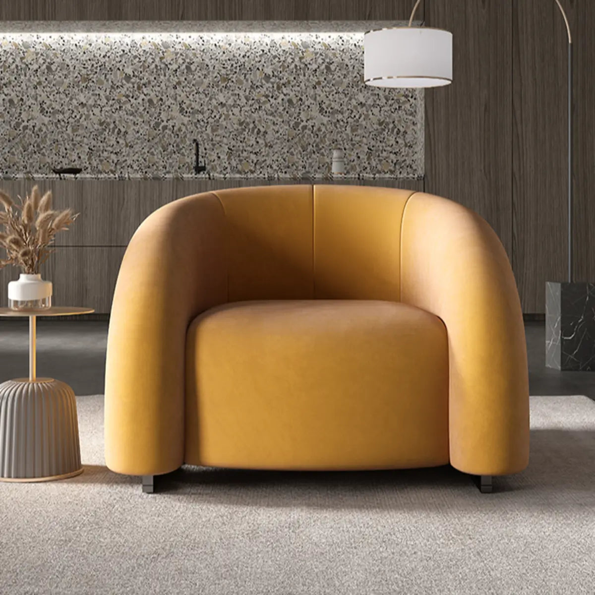 Yellow Frosted Velvet Curved Back Small Accent Chair Image - 4