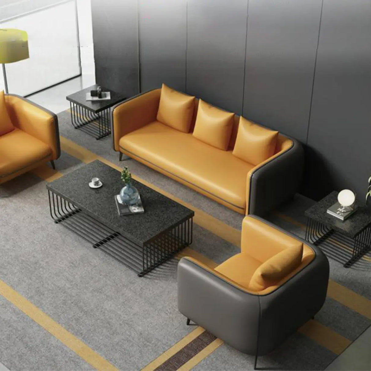 Yellow Removable Cushions Faux Leather 3-Seater Sofa Image - 12