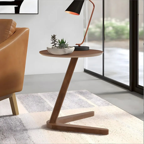 Z-Shaped Round Wood Walnut Finish Side Table Image - 2